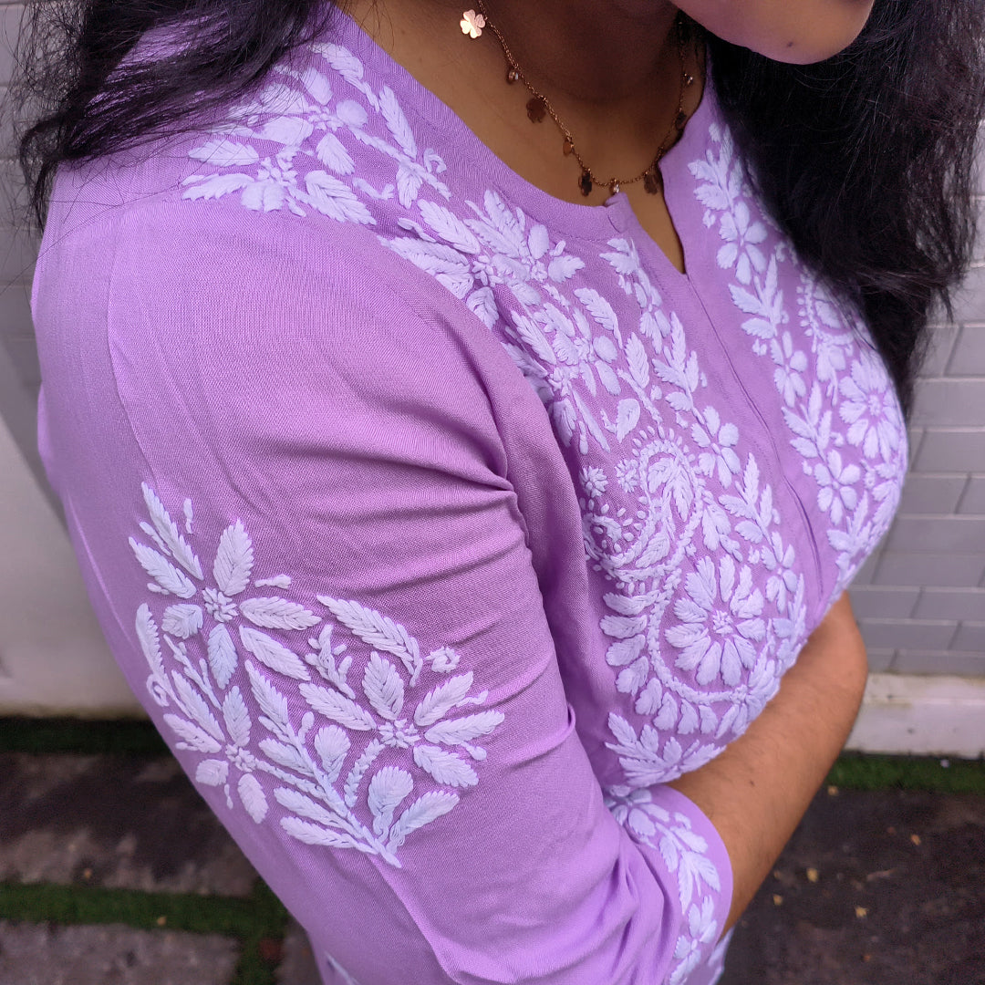 Hand-Chikankari Kurti — Imported Rayon Lavender