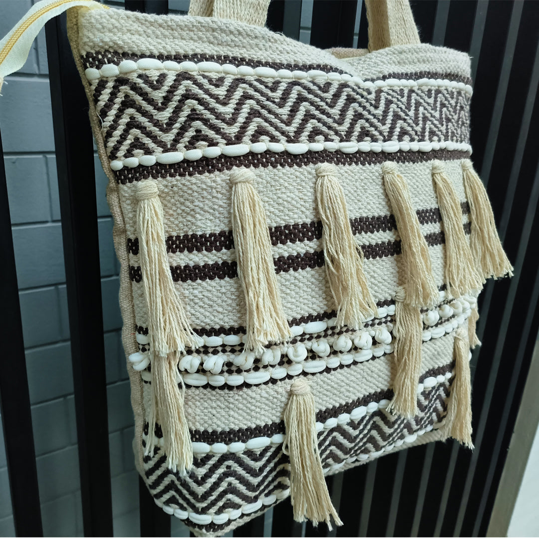Handwoven Boho-Chic Shoulder Big Bag with Fringe Detailing Brown