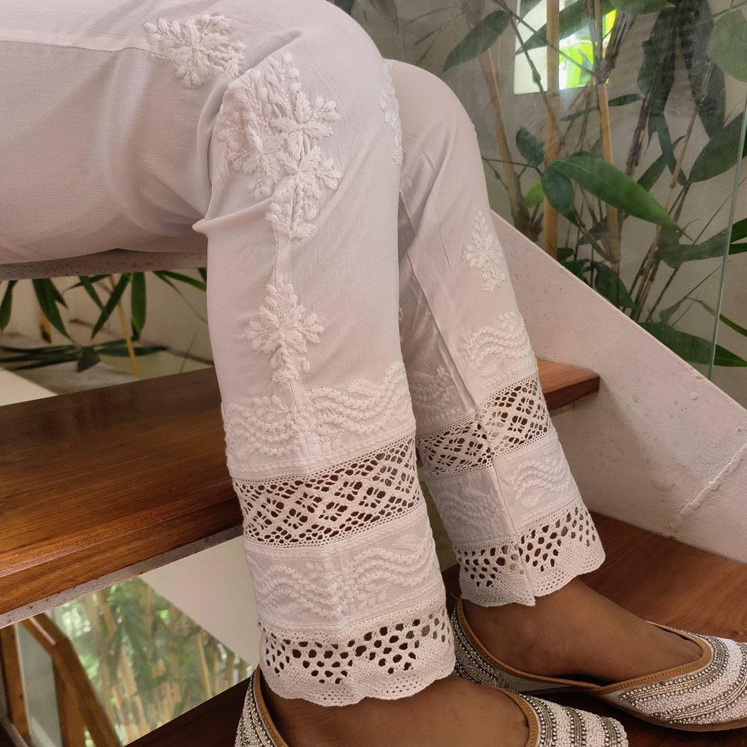 Premium Chikankari Stretchable Bottom Off White