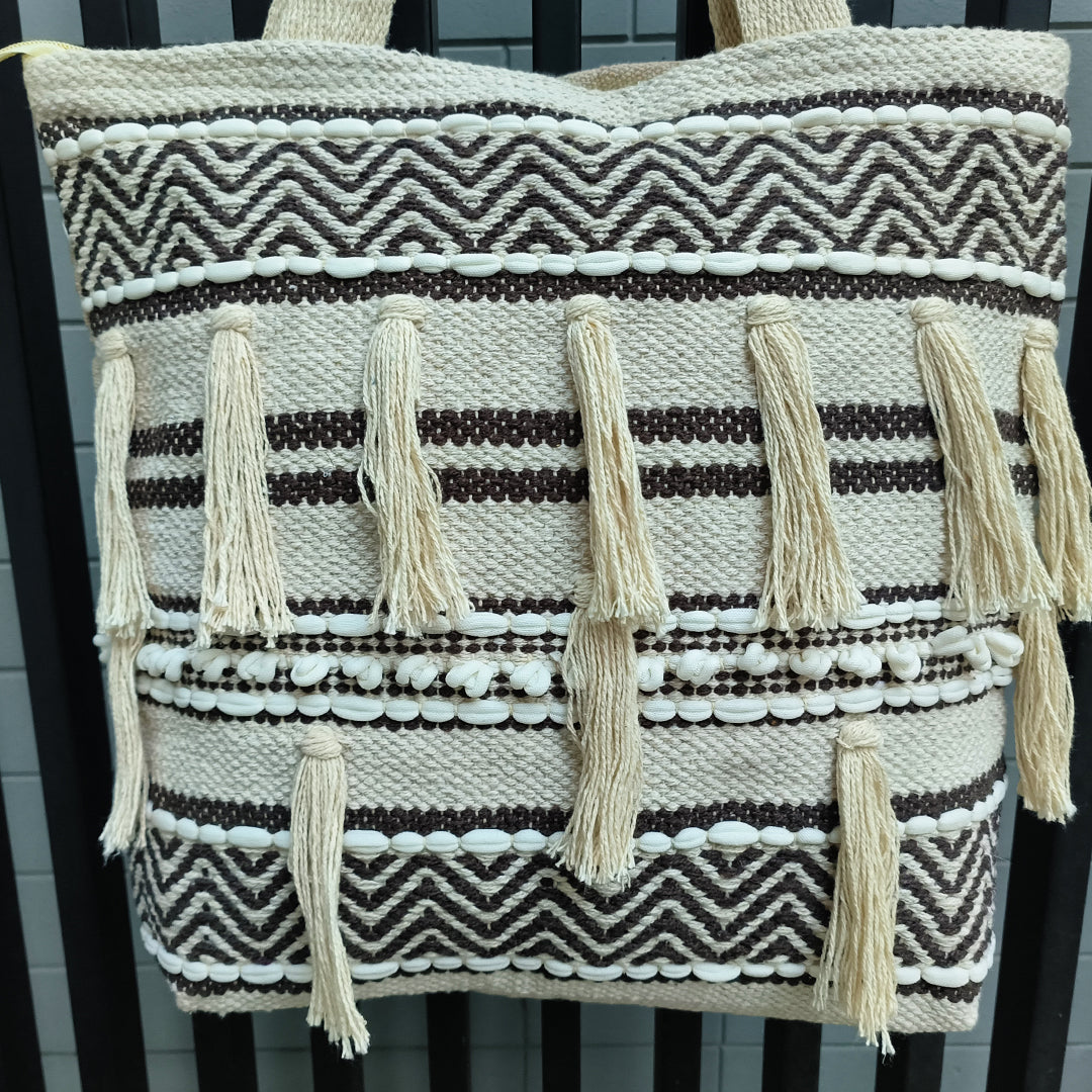 Handwoven Boho-Chic Shoulder Big Bag with Fringe Detailing Brown