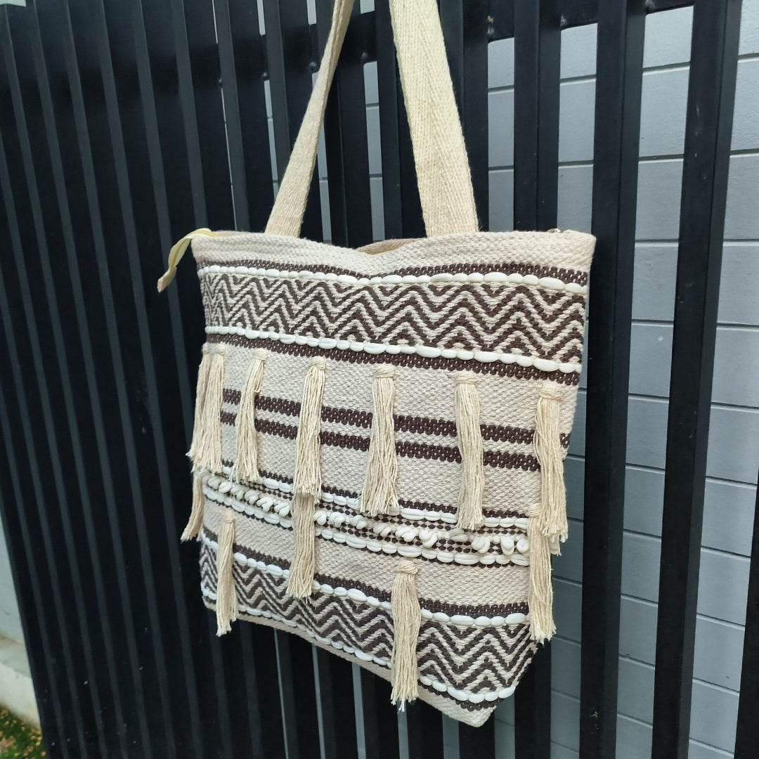 Handwoven Boho-Chic Shoulder Big Bag with Fringe Detailing Brown