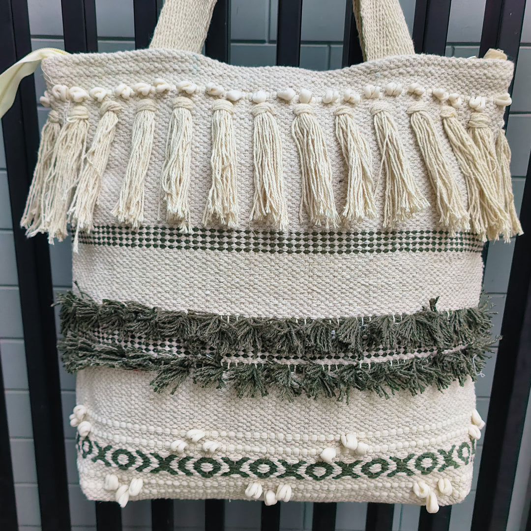 Handwoven Boho-Chic Shoulder Big Bag with Fringe Detailing Brown & Olive Green