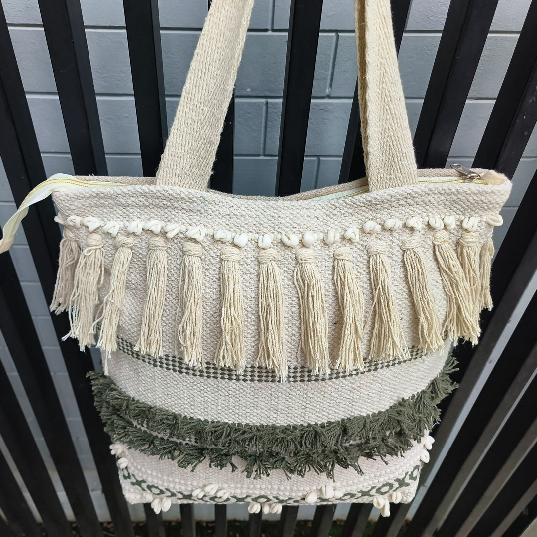 Handwoven Boho-Chic Shoulder Big Bag with Fringe Detailing Brown & Olive Green