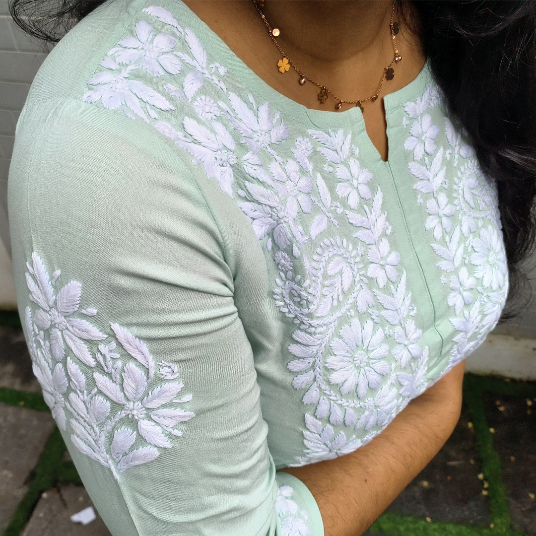 Hand-Chikankari Kurti — Imported Rayon Pista Green