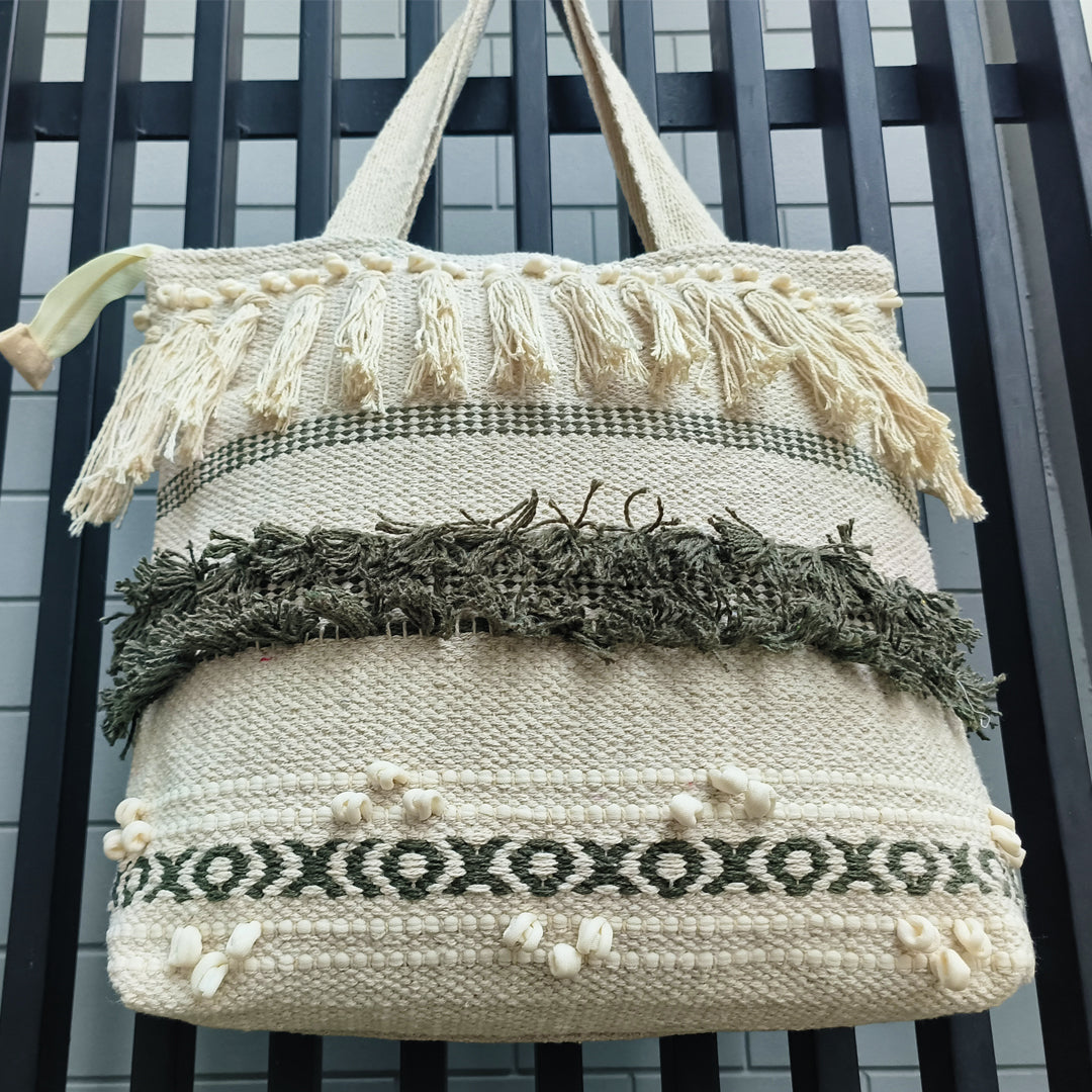 Handwoven Boho-Chic Shoulder Big Bag with Fringe Detailing Brown & Olive Green