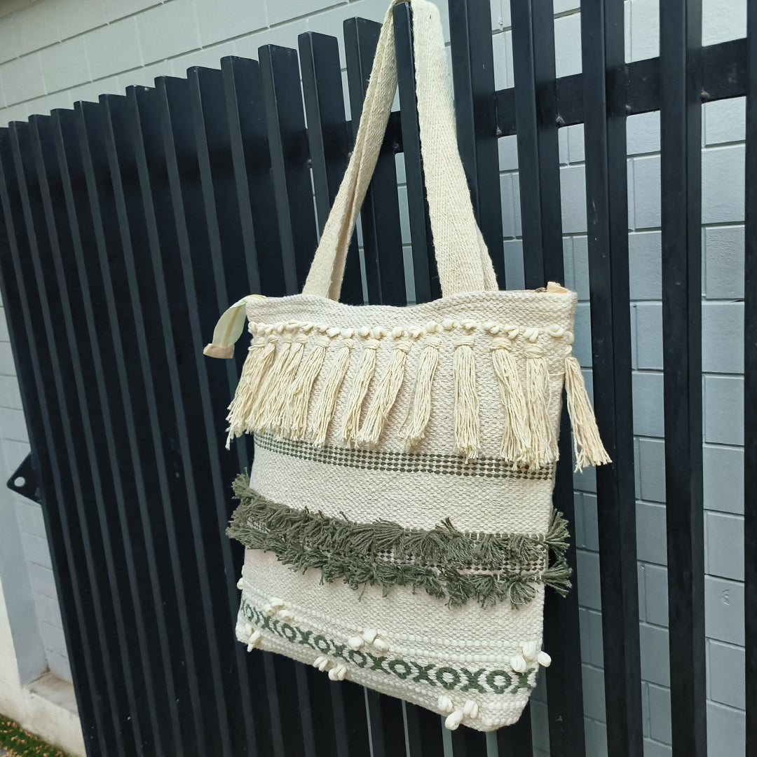 Handwoven Boho-Chic Shoulder Big Bag with Fringe Detailing Brown & Olive Green