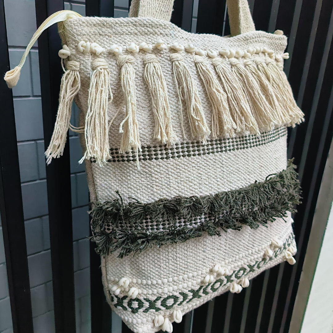 Handwoven Boho-Chic Shoulder Big Bag with Fringe Detailing Brown & Olive Green