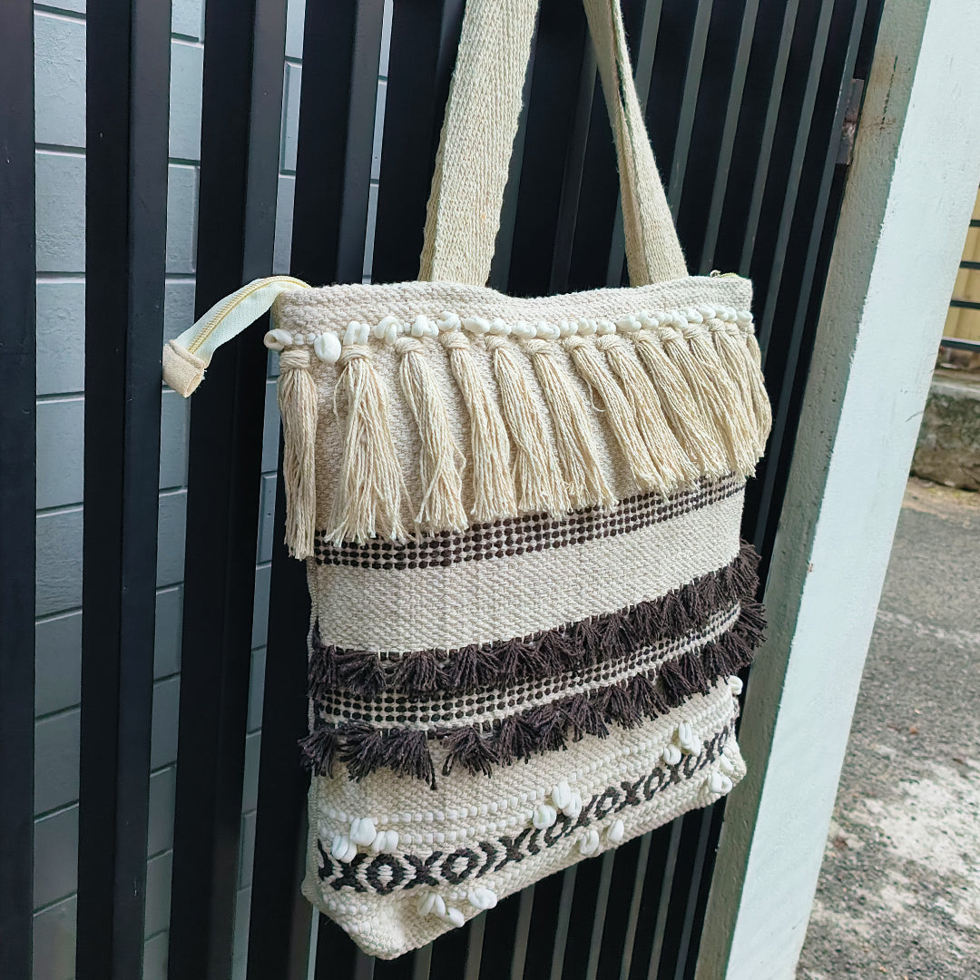 Handwoven Boho-Chic Shoulder Big Bag with Fringe Detailing Brown & Olive Green