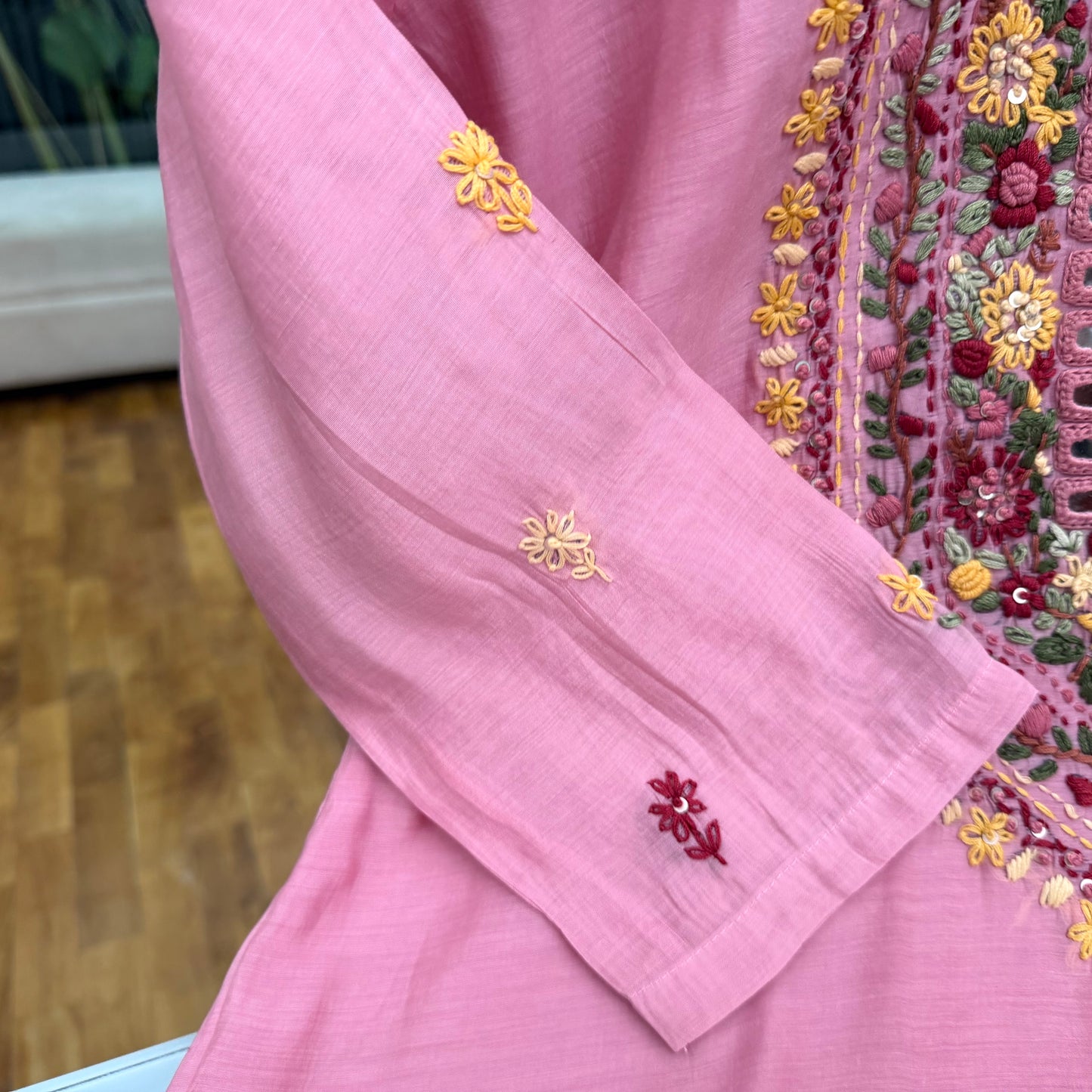 Premium Surat Chanderi Handwork Neck 3 Piece Set – Elegant Pink