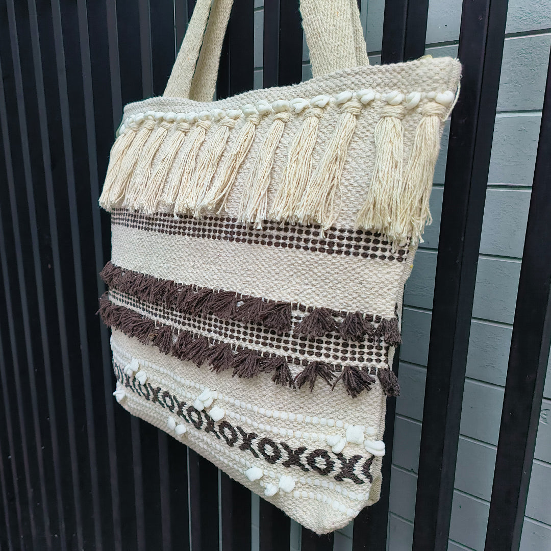 Handwoven Boho-Chic Shoulder Big Bag with Fringe Detailing Brown & Olive Green