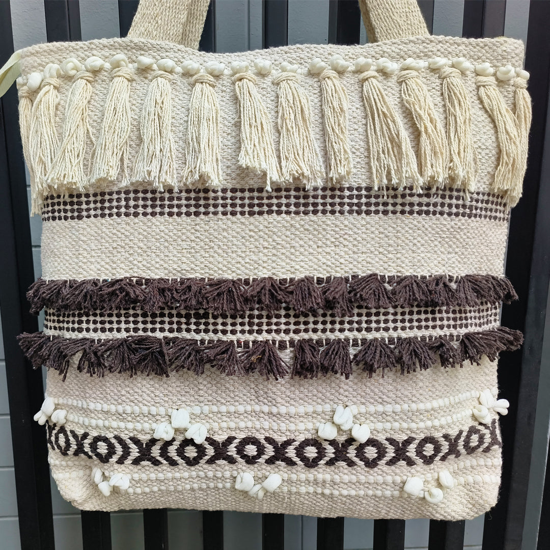 Handwoven Boho-Chic Shoulder Big Bag with Fringe Detailing Brown & Olive Green