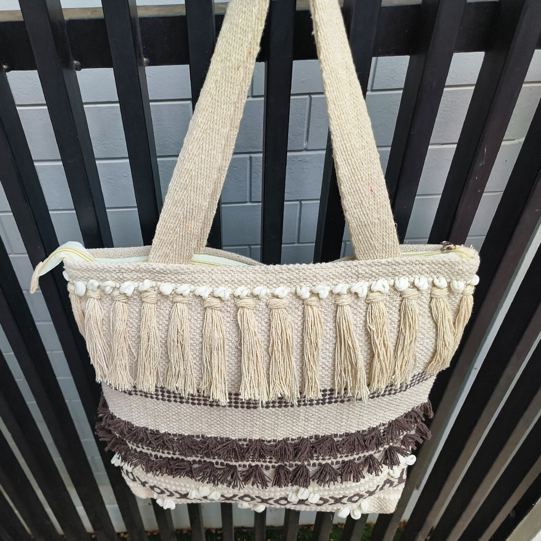 Handwoven Boho-Chic Shoulder Big Bag with Fringe Detailing Brown & Olive Green