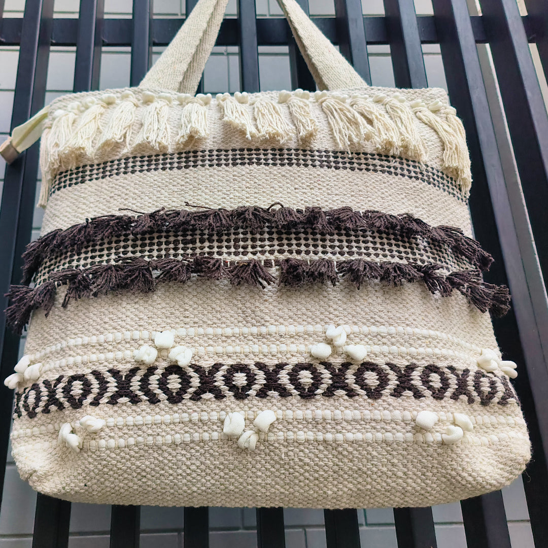 Handwoven Boho-Chic Shoulder Big Bag with Fringe Detailing Brown & Olive Green