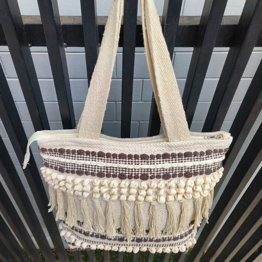 Handwoven Boho-Chic Shoulder Big Bag with Fringe Detailing Brown & Black