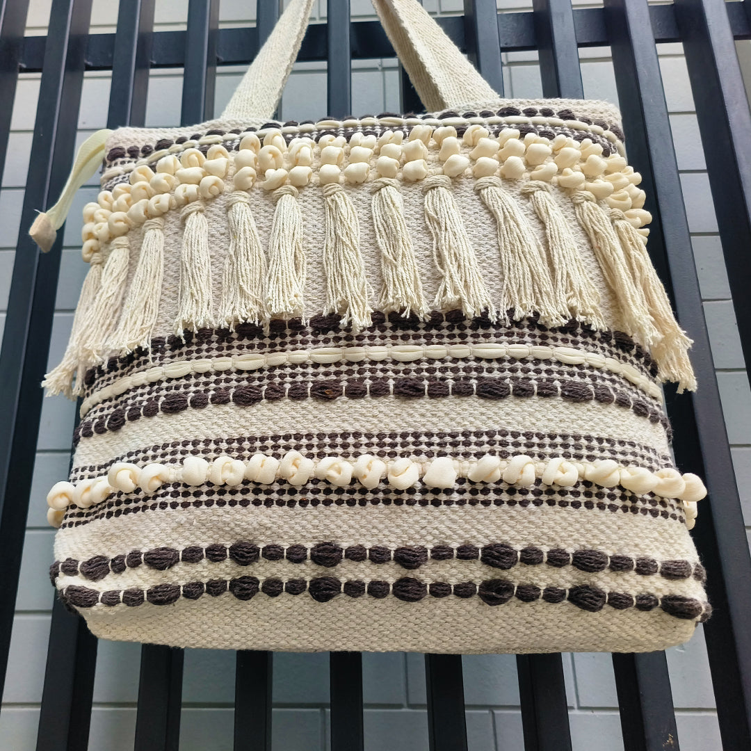 Handwoven Boho-Chic Shoulder Big Bag with Fringe Detailing Brown & Black