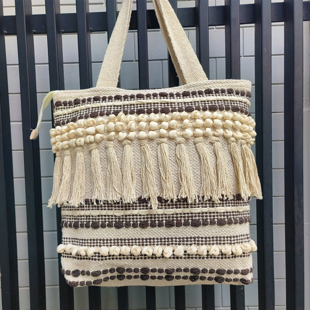 Handwoven Boho-Chic Shoulder Big Bag with Fringe Detailing Brown & Black