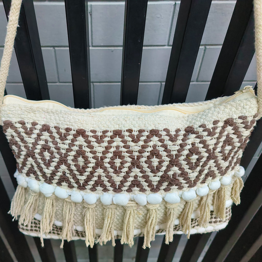 Handwoven Boho-Chic Shoulder Small Bag with Fringe Detailing Brown