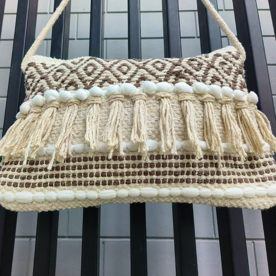 Handwoven Boho-Chic Shoulder Small Bag with Fringe Detailing Brown