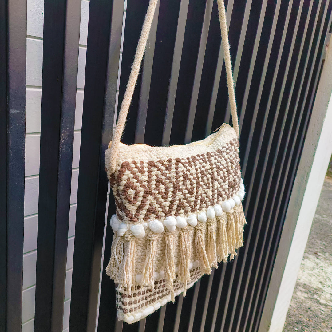 Handwoven Boho-Chic Shoulder Small Bag with Fringe Detailing Brown