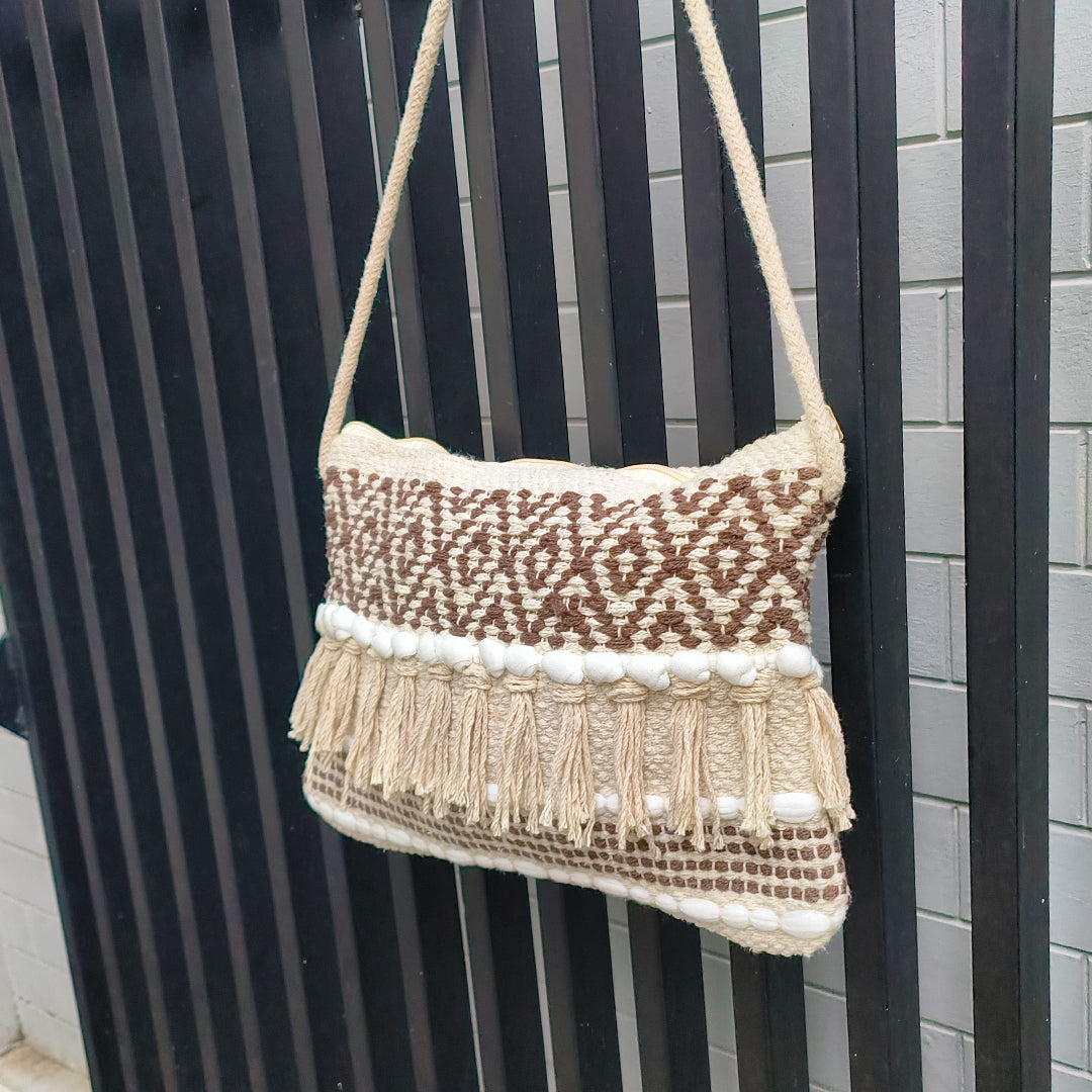 Handwoven Boho-Chic Shoulder Small Bag with Fringe Detailing Brown