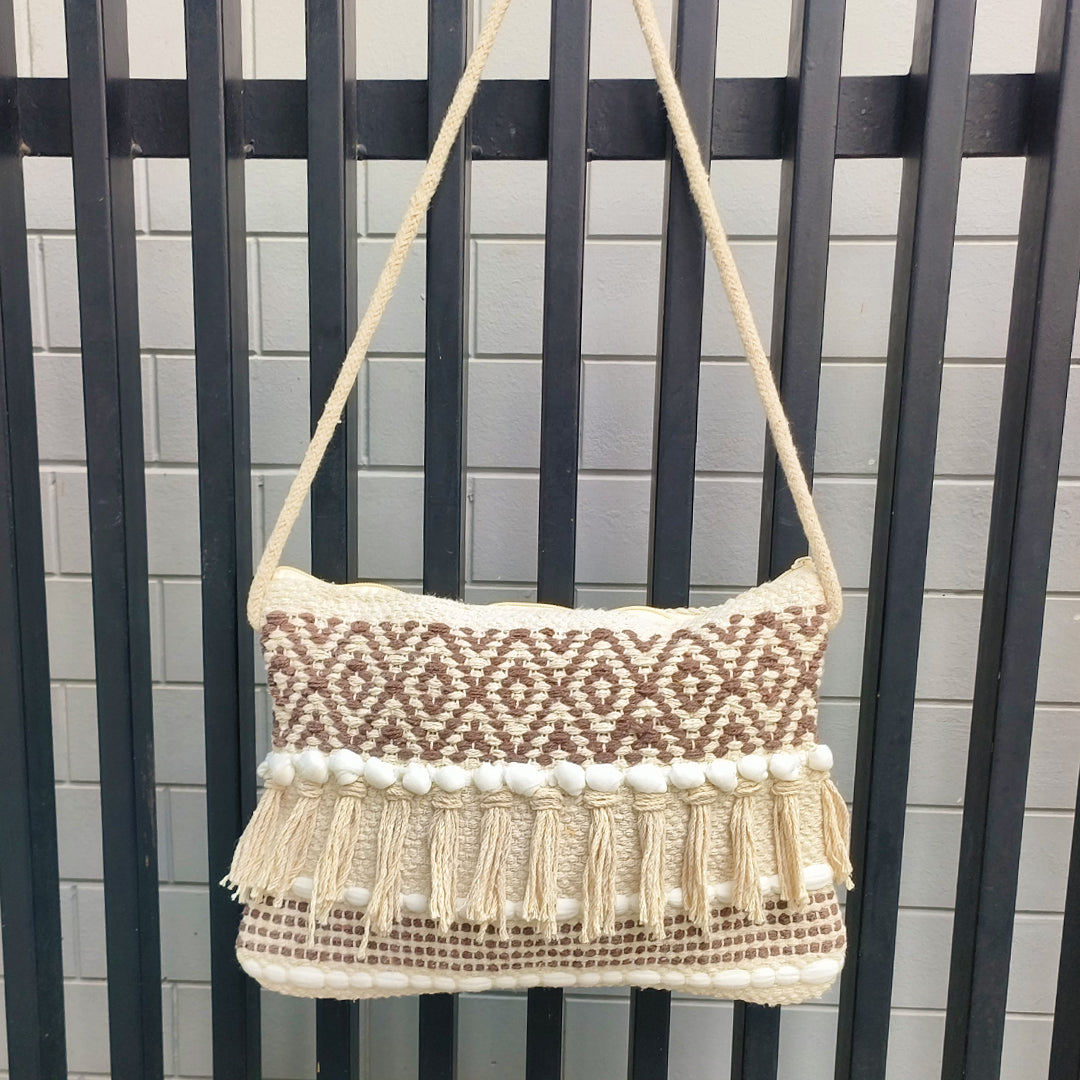 Handwoven Boho-Chic Shoulder Small Bag with Fringe Detailing Brown
