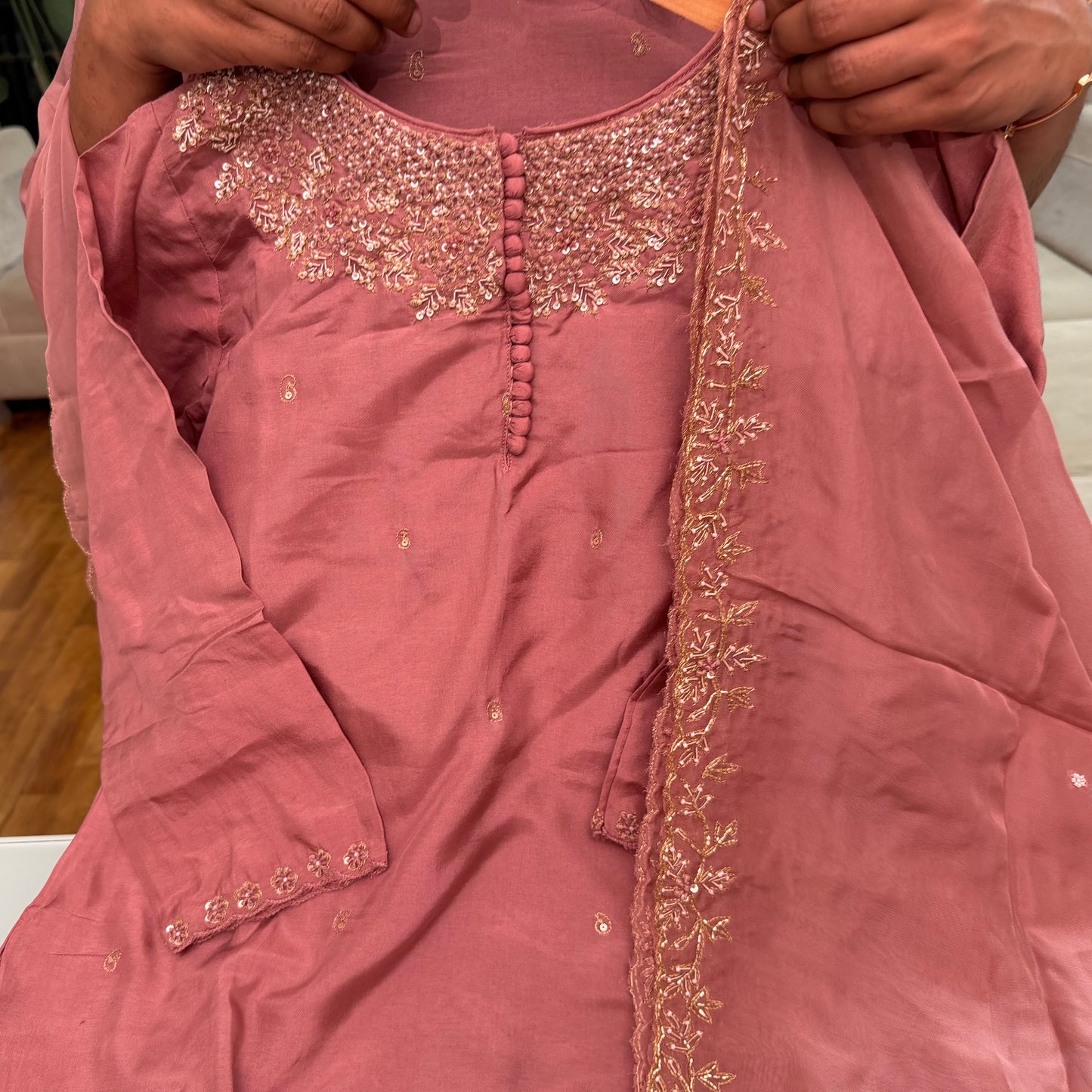 Russian Silk Mauve 3 Piece Set with Heavy Hand Embroidery