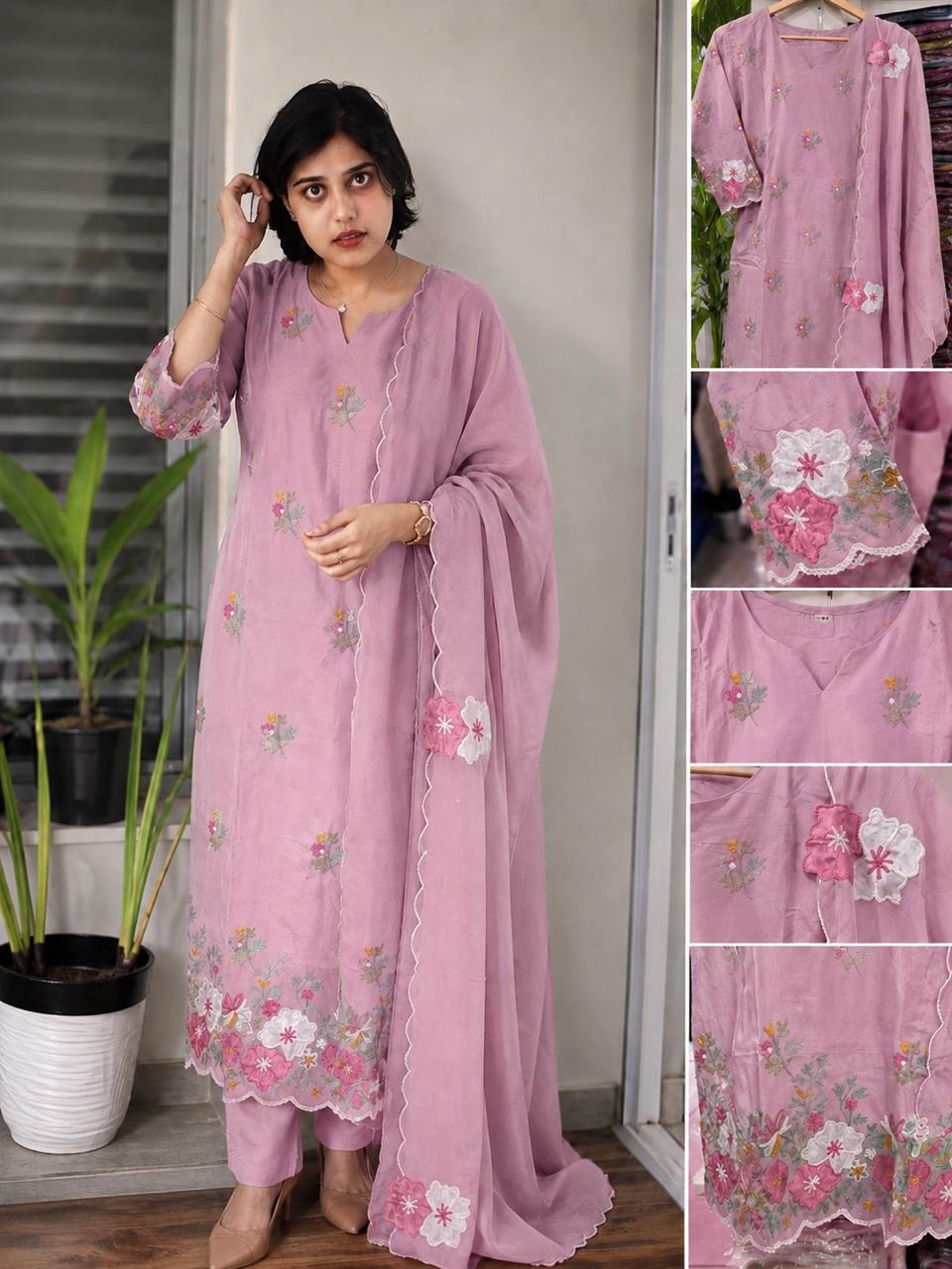 Premium Russian Silk Appliqué Embroidered 3-Piece Kurta Set | Designer Kurta, Pant & Dupatta