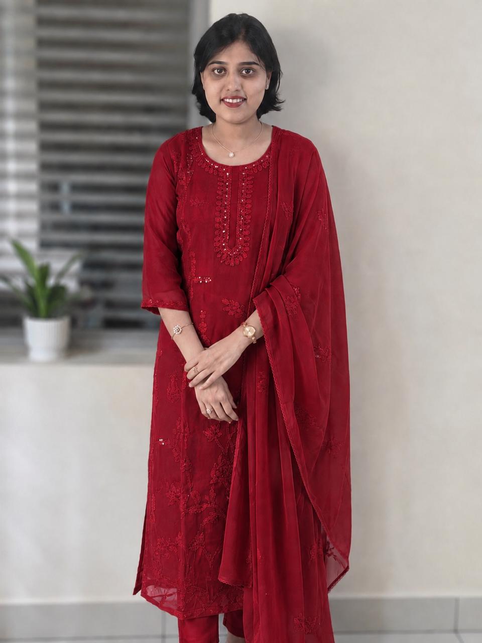 Premium Organza Thread Embroidered 3-Piece Set | Elegant Kurta, Pant & Organza Dupatta