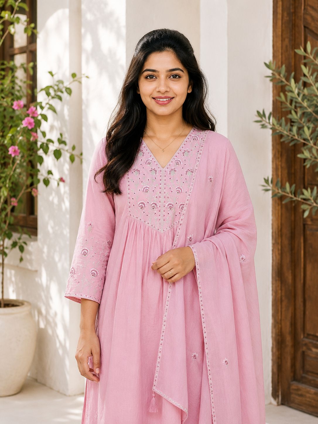 Premium Cotton V-Neck Embroidered 3-Piece Kurta Set | Elegant Kurta, Pant & Dupatta