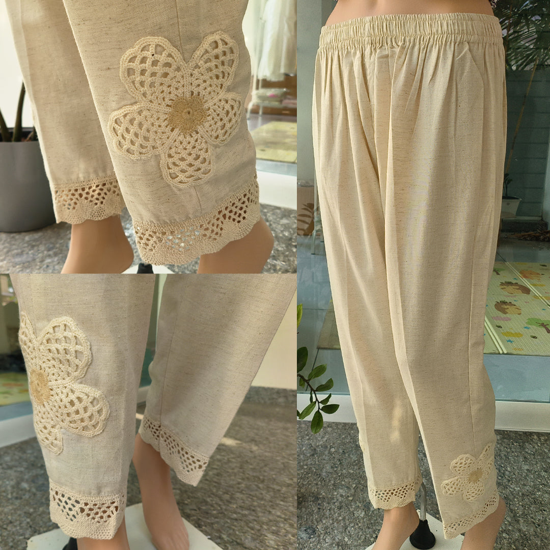 Elegant Cotton Pants with Crochet Details Beige