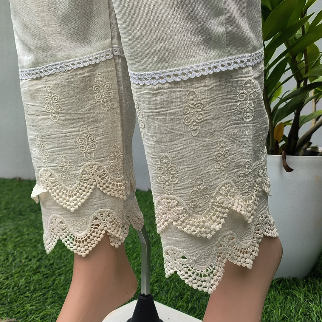 Women's Cotton Trousers with Lace work Off White