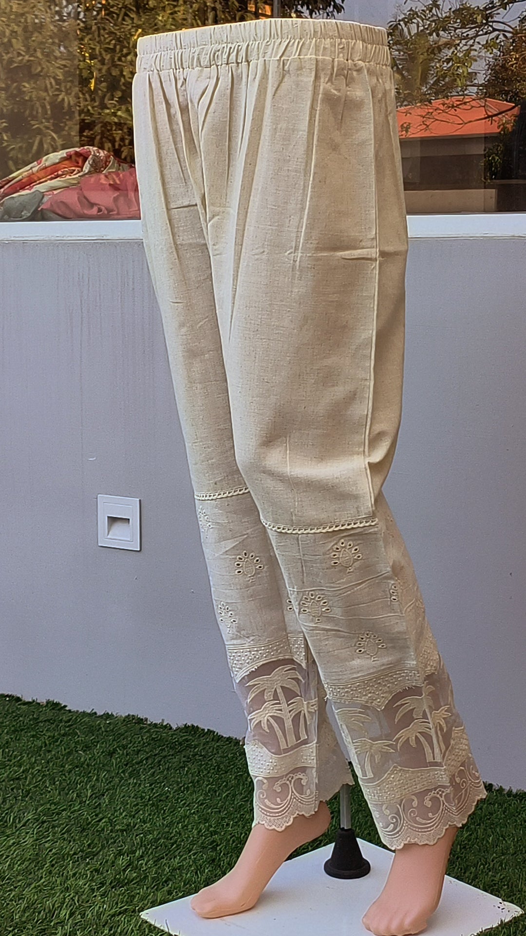 Women's Beige Khadi Cotton Bottom with Lace Detailing