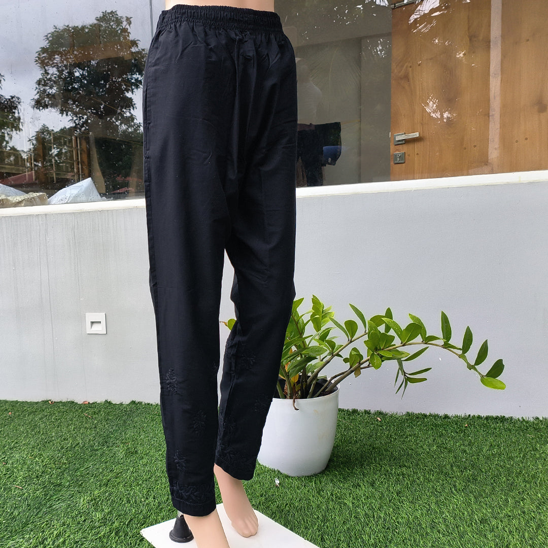 Women's Machine Chikan Cotton Trousers Black