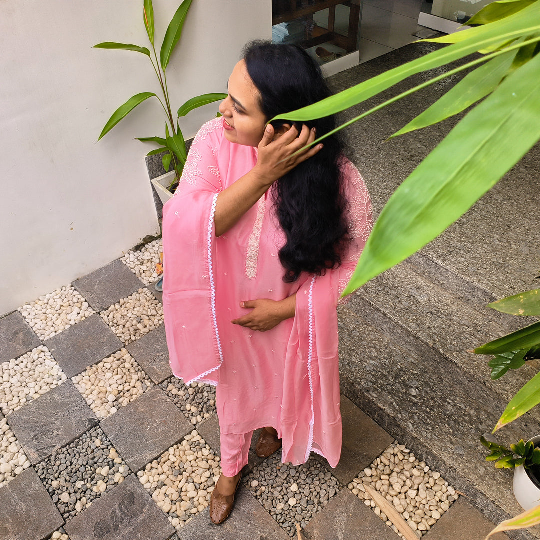 Elegant Rust Orange Russian Silk Kurta Set with French Knot Detailing
