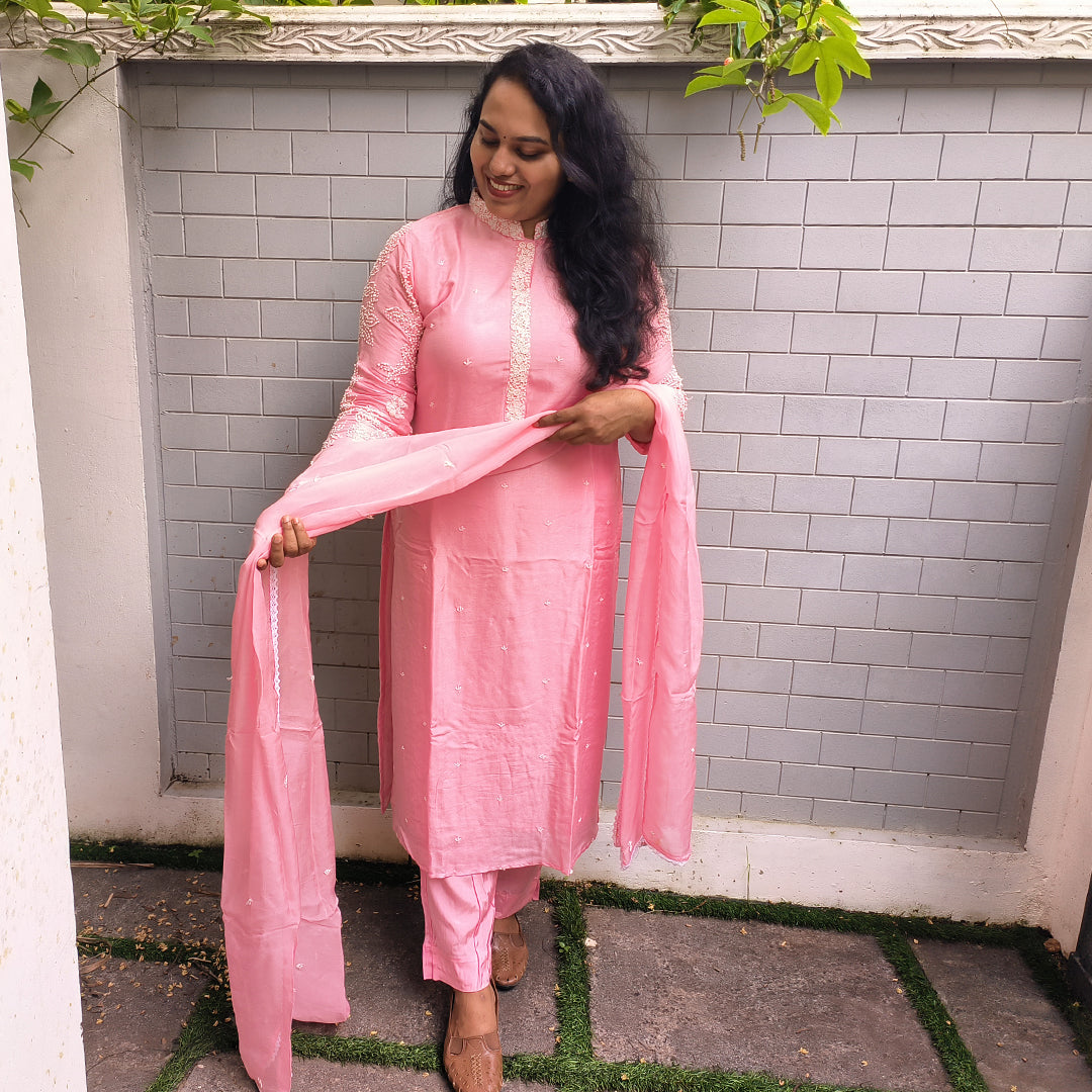 Elegant Rust Orange Russian Silk Kurta Set with French Knot Detailing