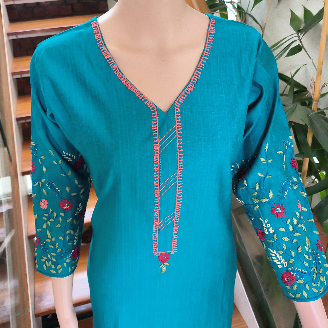 Elegant Semi-Silk Kurti with Hand-Embroidered Sleeves