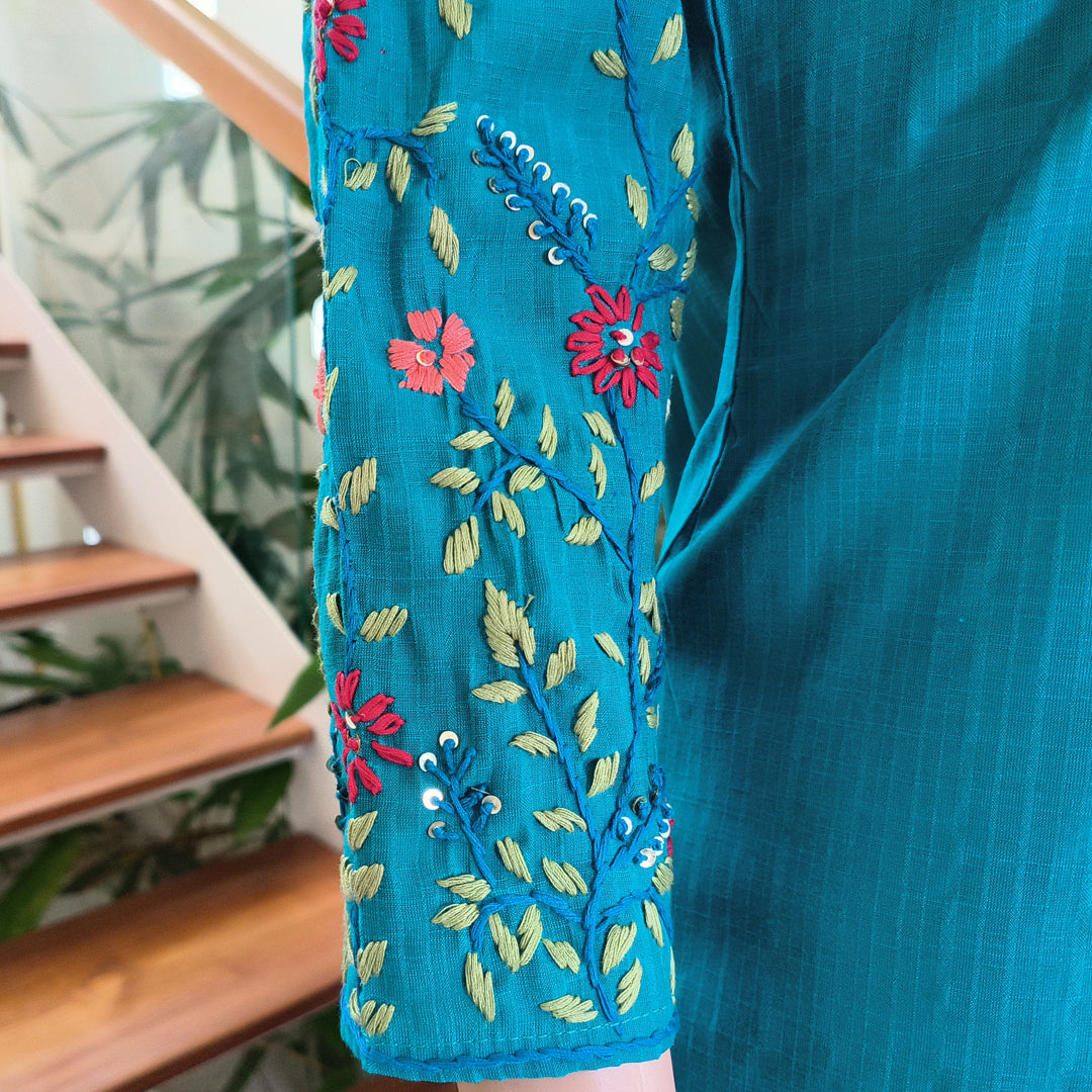 Elegant Semi-Silk Kurti with Hand-Embroidered Sleeves