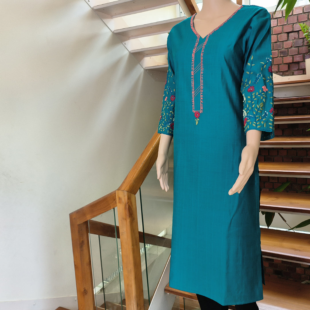 Elegant Semi-Silk Kurti with Hand-Embroidered Sleeves