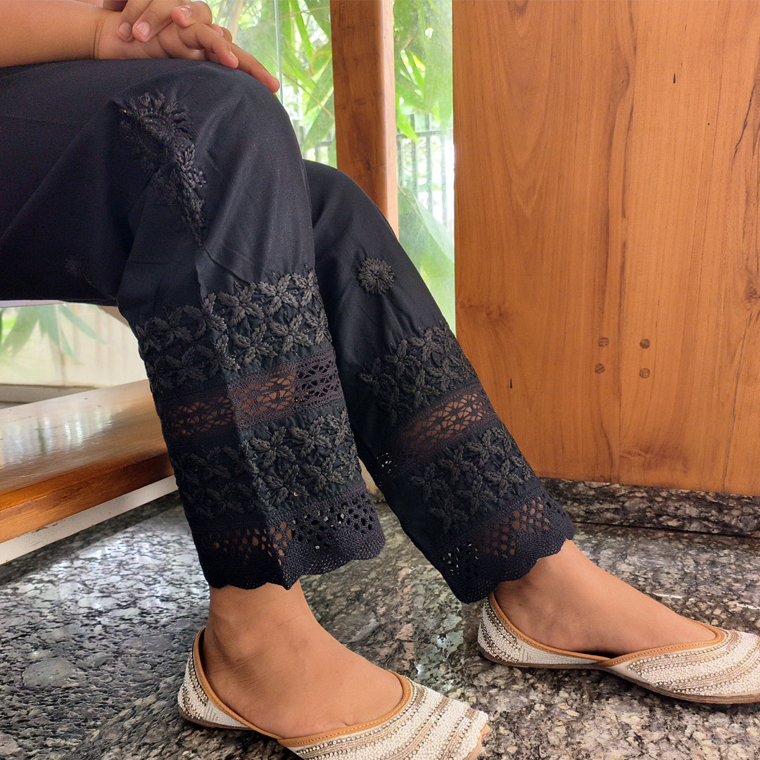 Women's Lucknow Chikan Cotton Trousers Beige Black