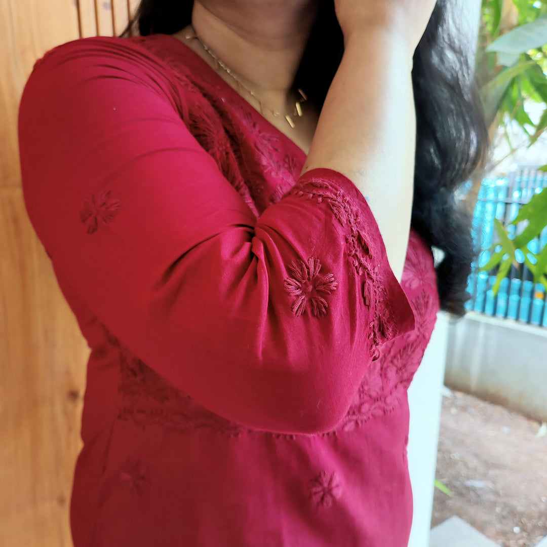 Lucknow Handmade Chikankari Cotton kurti Deep Wine