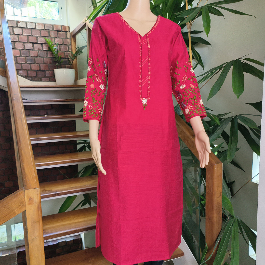 Elegant Semi-Silk Kurti with Hand-Embroidered Sleeves