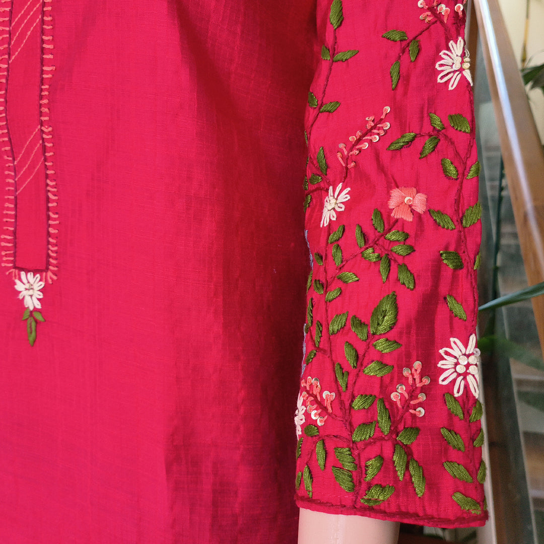 Elegant Semi-Silk Kurti with Hand-Embroidered Sleeves