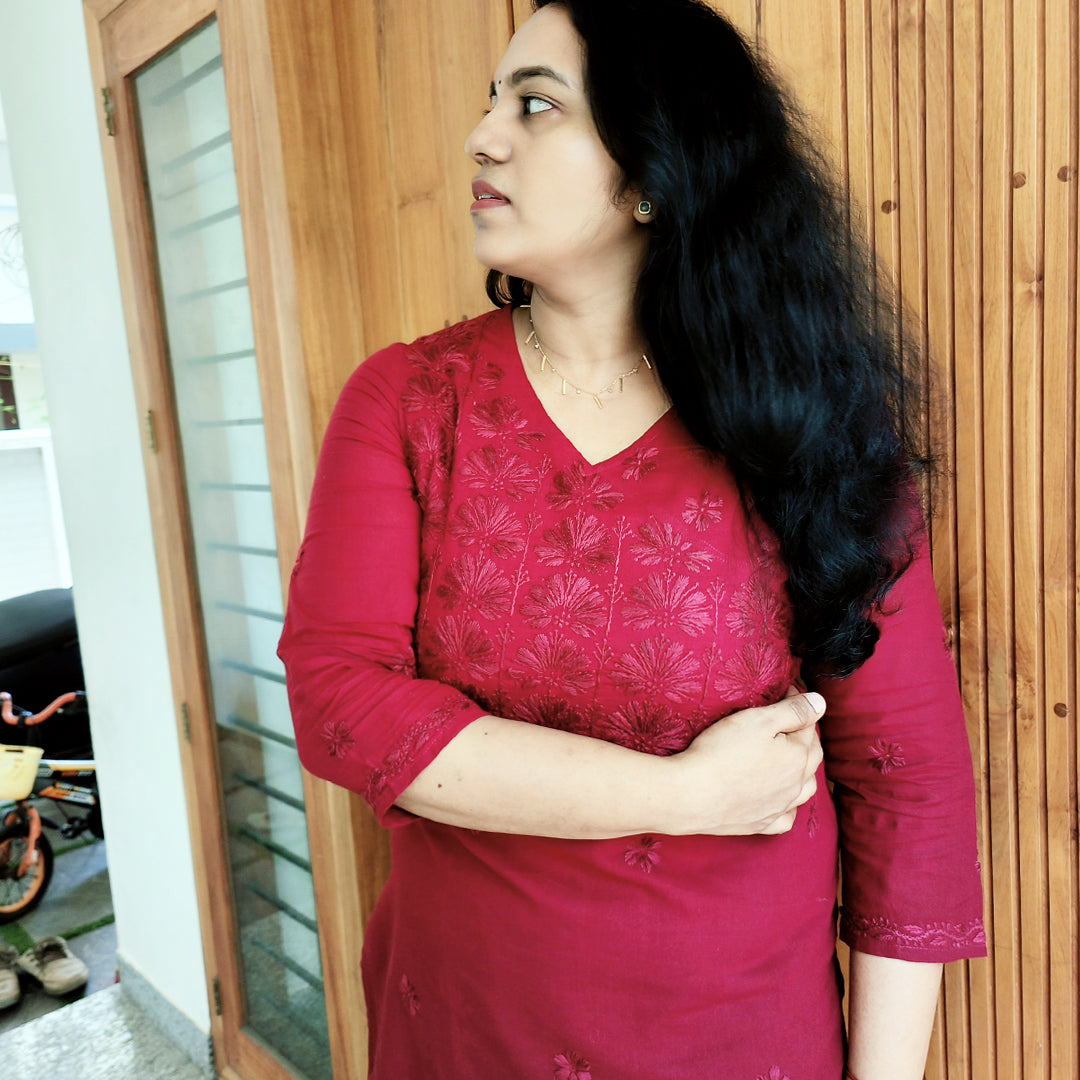 Lucknow Handmade Chikankari Cotton kurti Deep Wine