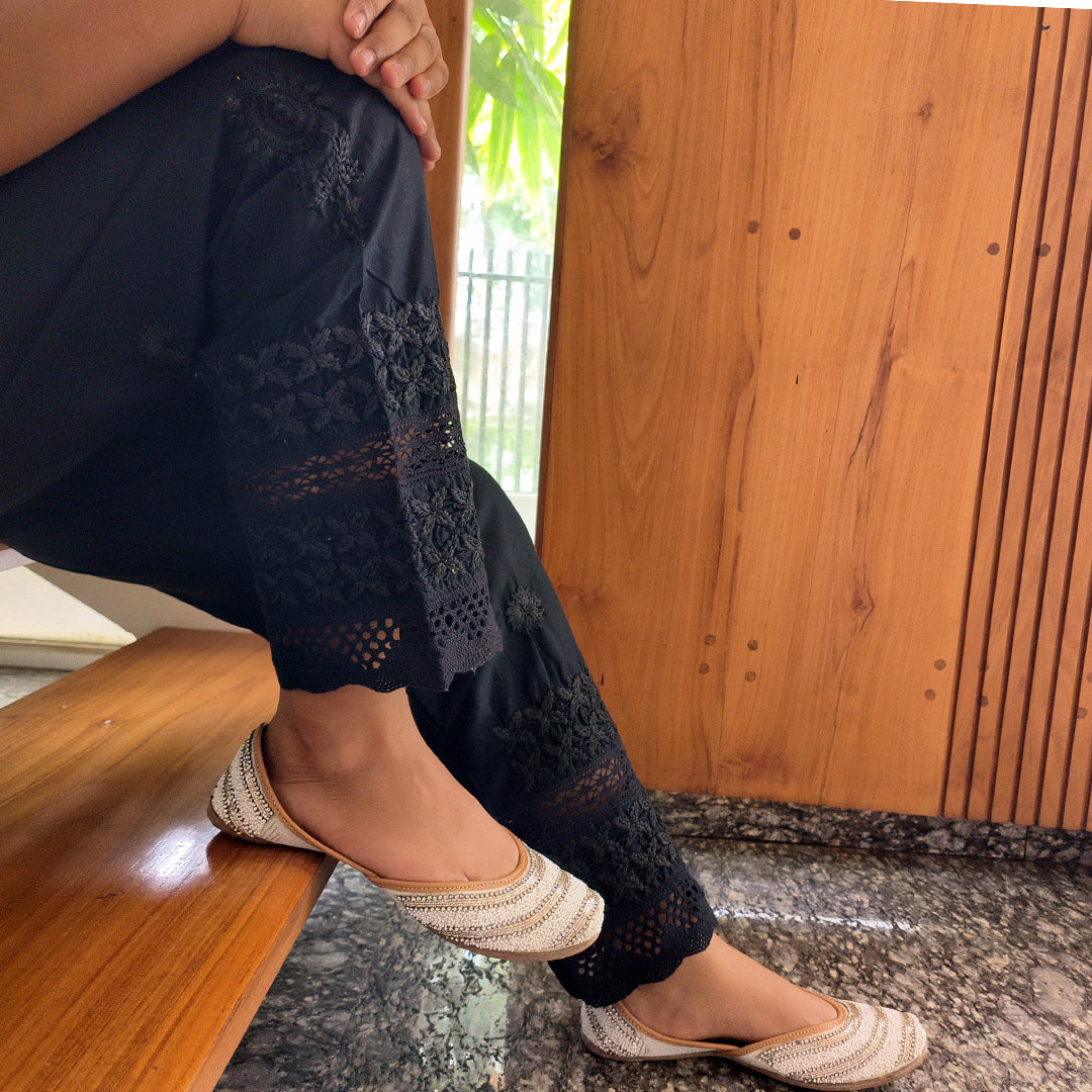 Women's Lucknow Chikan Cotton Trousers Beige Black