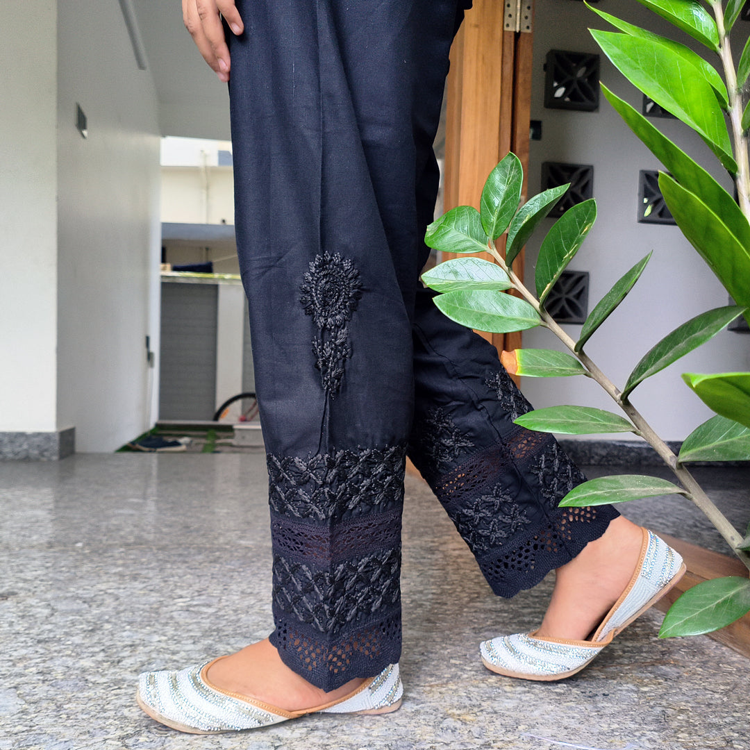 Women's Lucknow Chikan Cotton Trousers Beige Black
