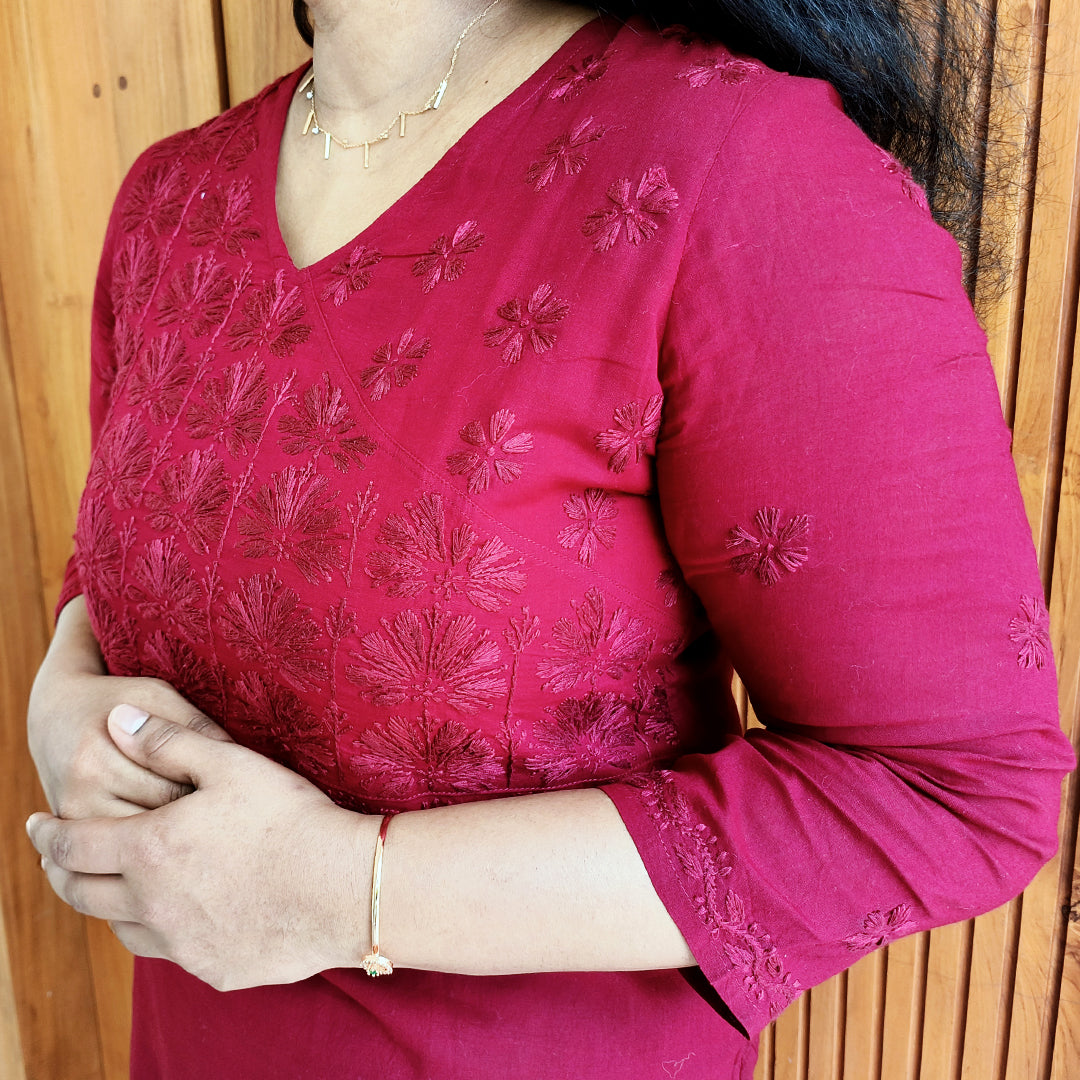 Lucknow Handmade Chikankari Cotton kurti Deep Wine