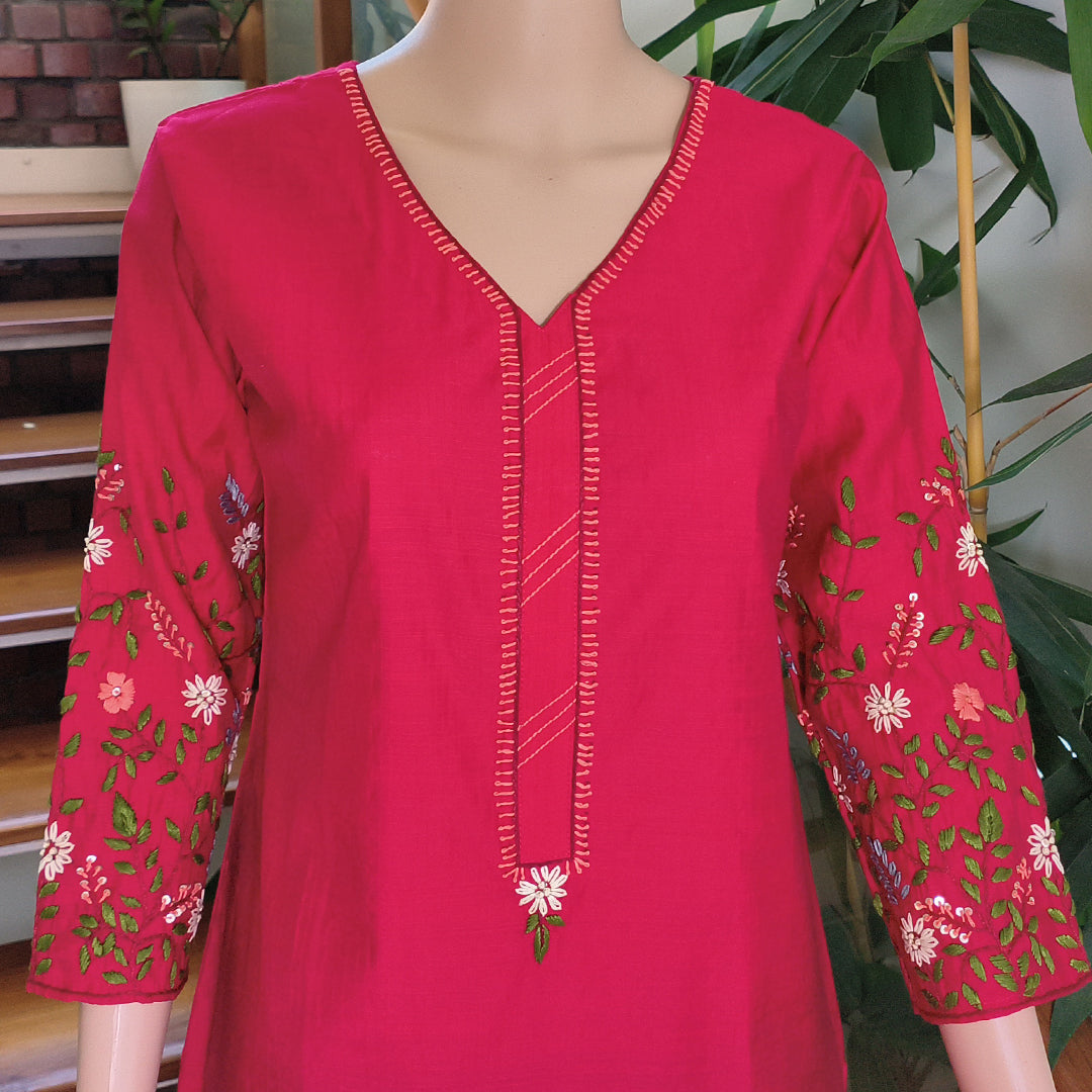 Elegant Semi-Silk Kurti with Hand-Embroidered Sleeves