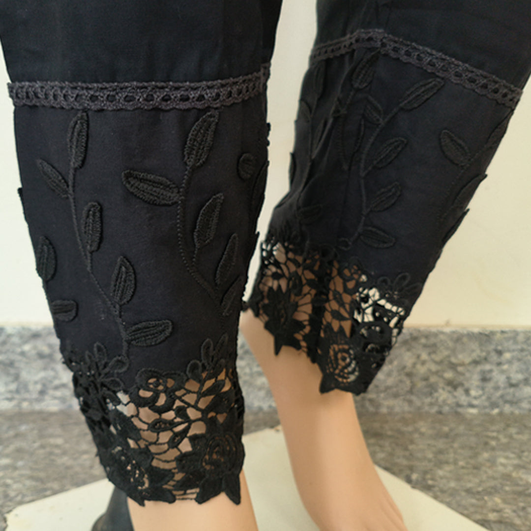 Women's Black Cotton Trousers with Applique Detailing Beige