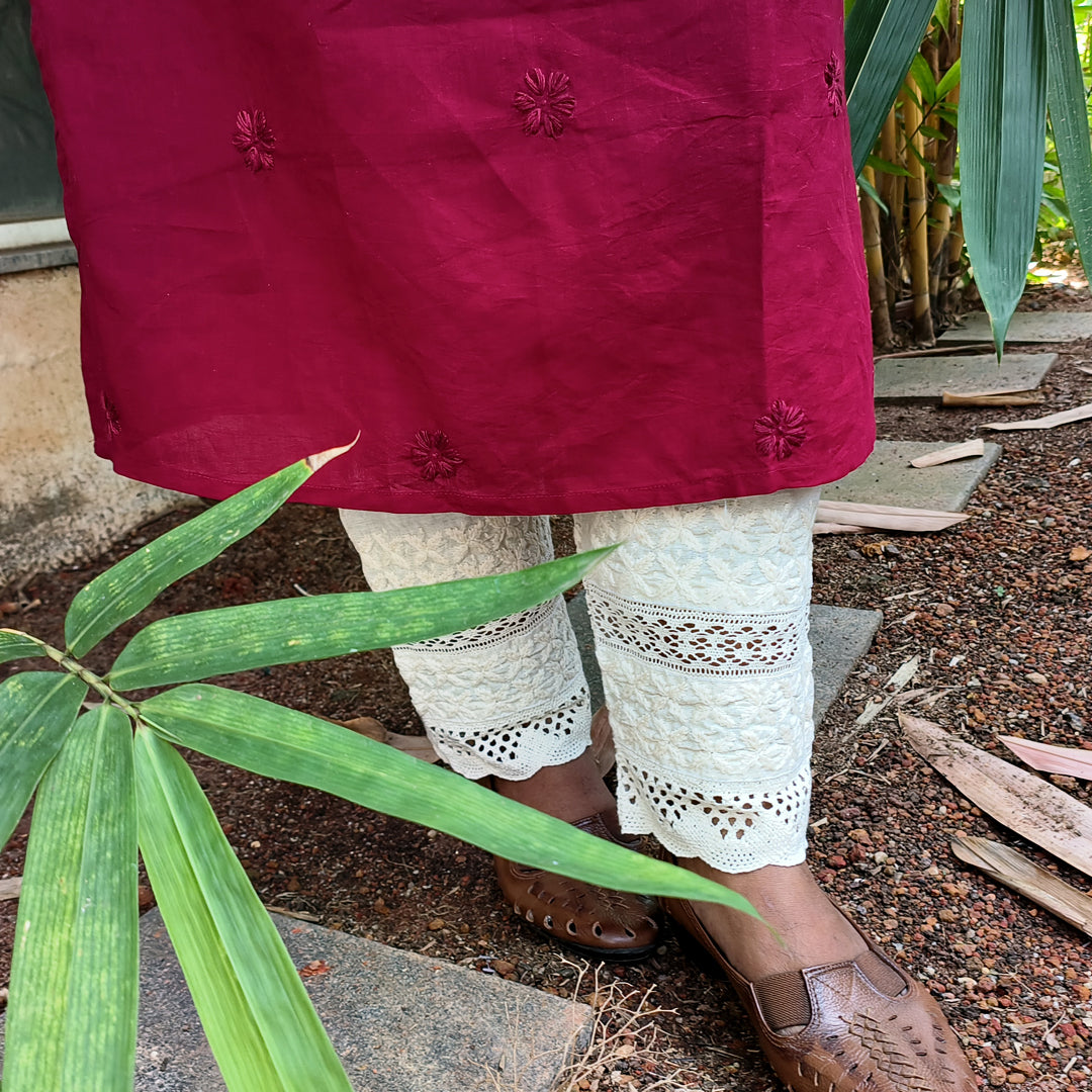 Lucknow Handmade Chikankari Cotton kurti Deep Wine