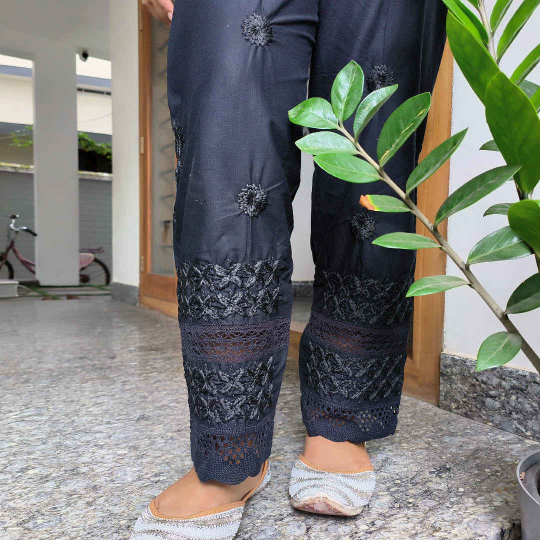 Women's Lucknow Chikan Cotton Trousers Beige Black